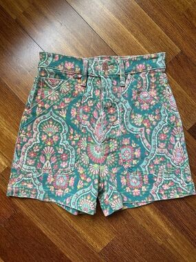 MOTHER NWOT High-Waist Floral Paisley Shorts - Teal & Pink